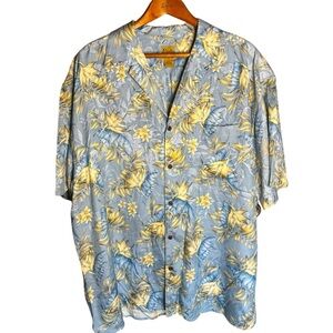 Jos. A. Bank 100% Silk Blue & Cream Floral Hawaiian Shirt Size XXL Short Sleeve